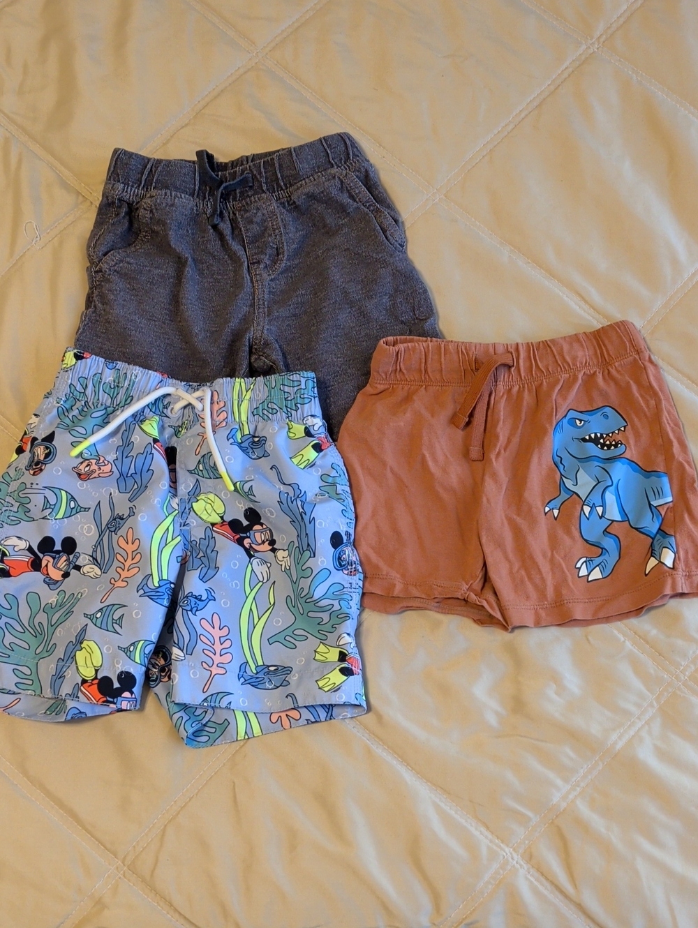 Boys Shorts Trio - Tea Blue Shorts, Disney Swim Trunks, H&M Rust with Dino Short